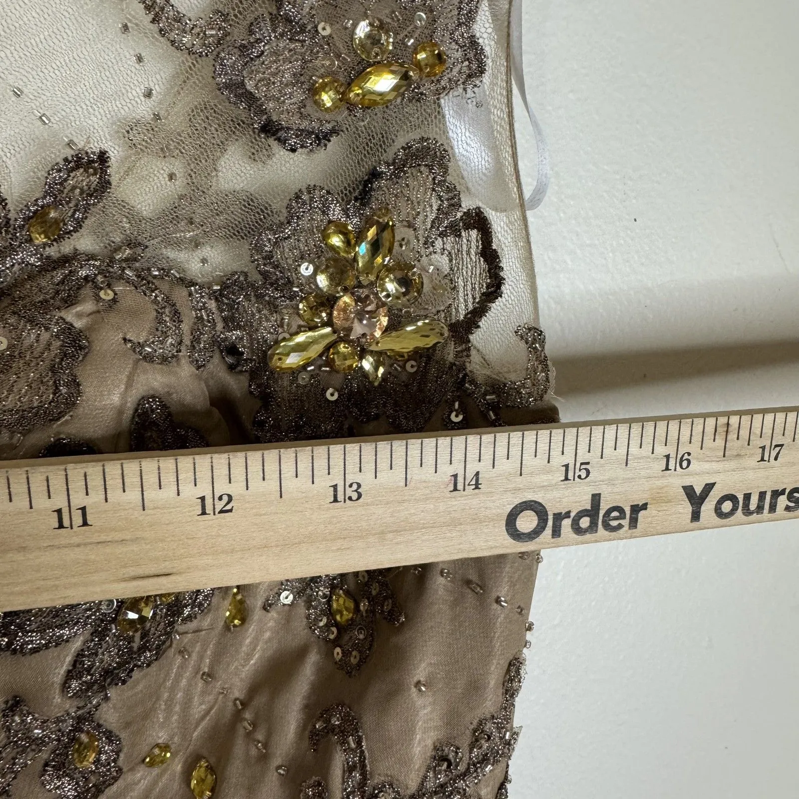 Montage by Mon Cheri Dress Womens 8 Gold Beaded Evening Gown Formal Sequin Maxi - Image 6