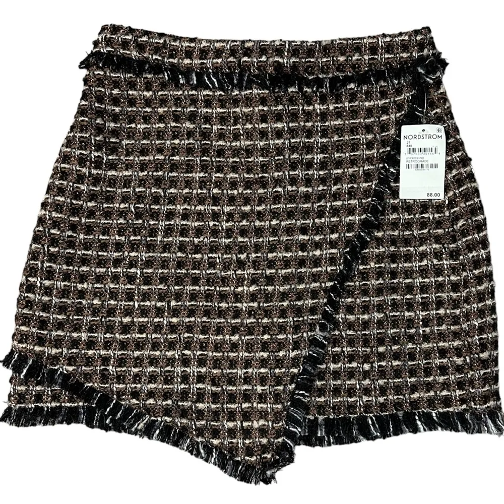 Blank NYC Miniskirt 27 Plaid Tweed Fringe Faux Wrap Clueless Black Brown NWT - Image 8
