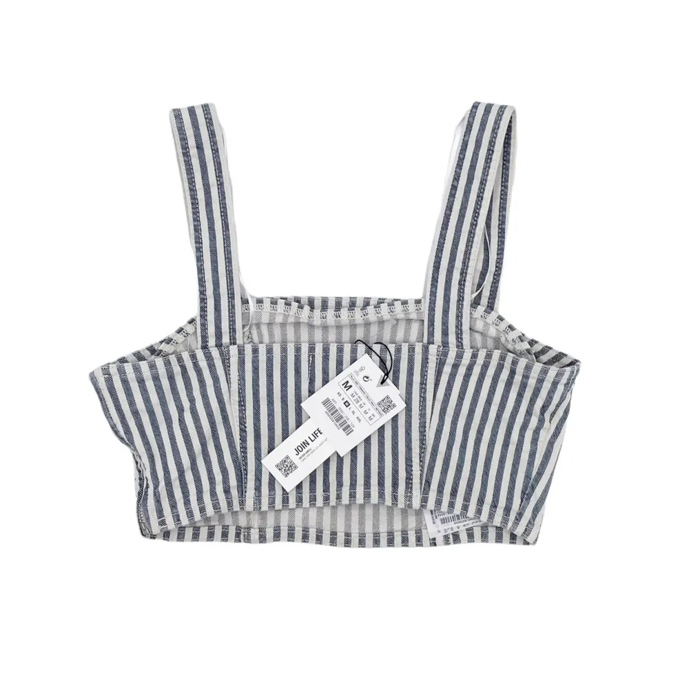 NEW Zara Striped Denim Crop Top Blue & White Sleeveless Square Neck Size Medium - Image 3