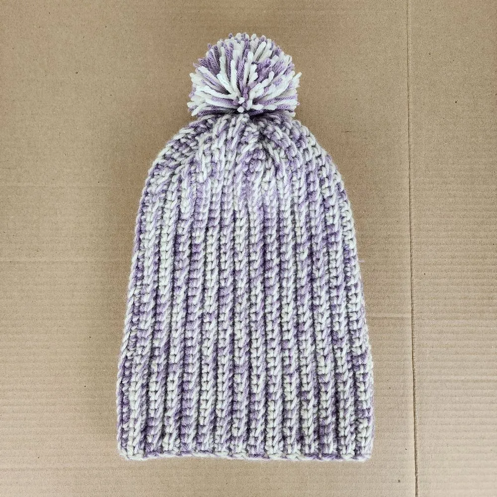 New Handmade Crochet Chunky Ribbed Beanie Cream Purple Pompom Warm Hat Cap - Image 10
