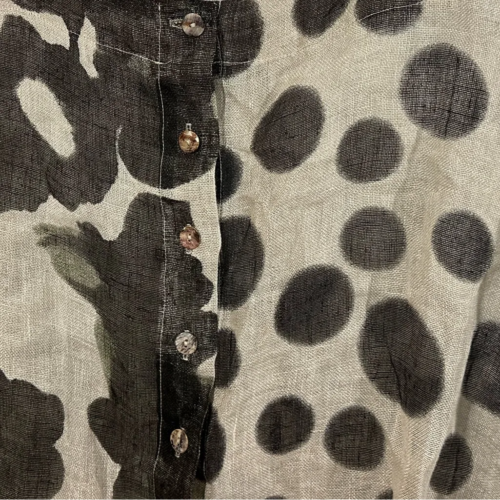 Banana Blue 100% Linen Abstract Floral Dot Blouse | Made in Australia | Size L Tan Size L - Image 4