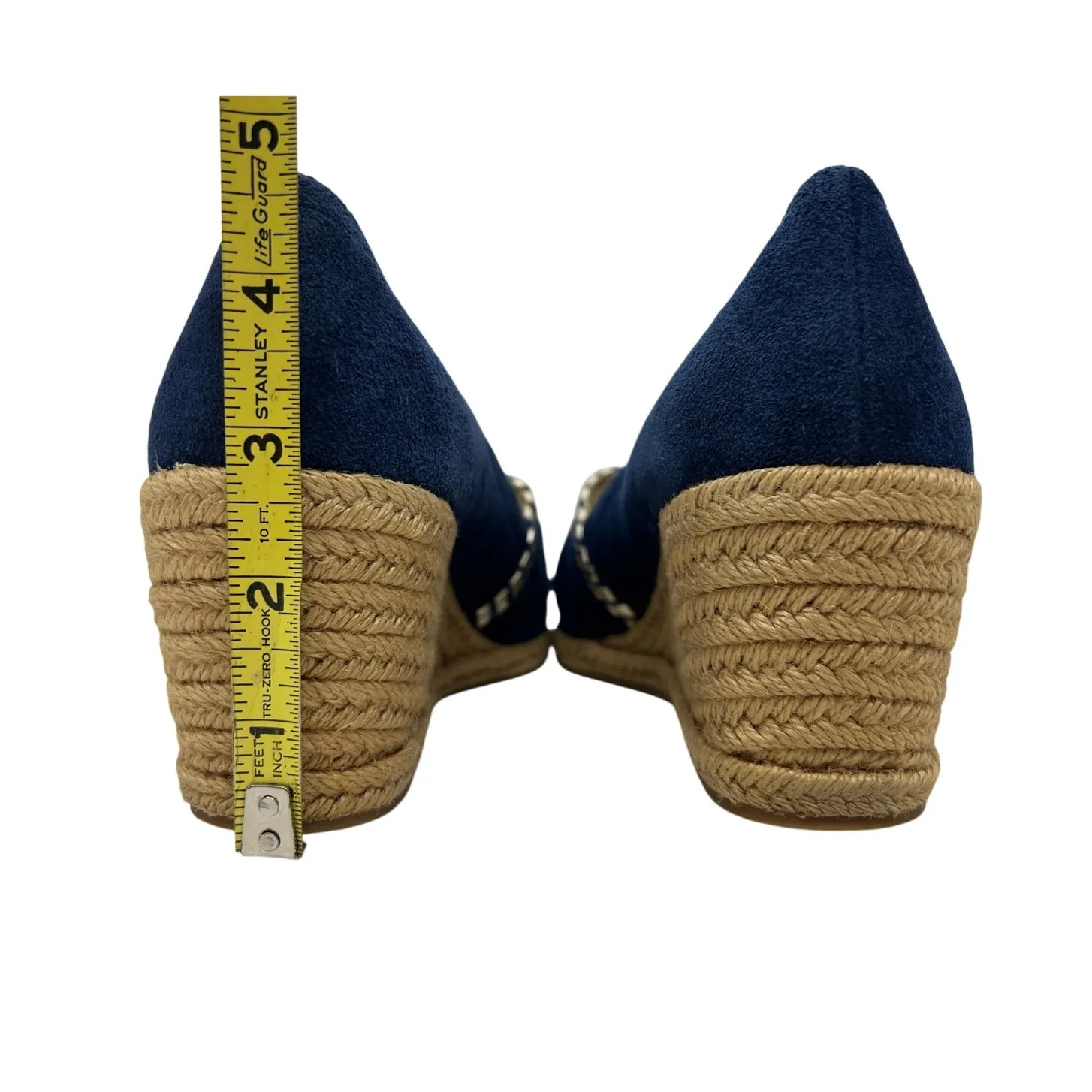 Jack Rogers Palmer Blue Gold Whip Stitch Suede Leather Wedges 7M - Image 4