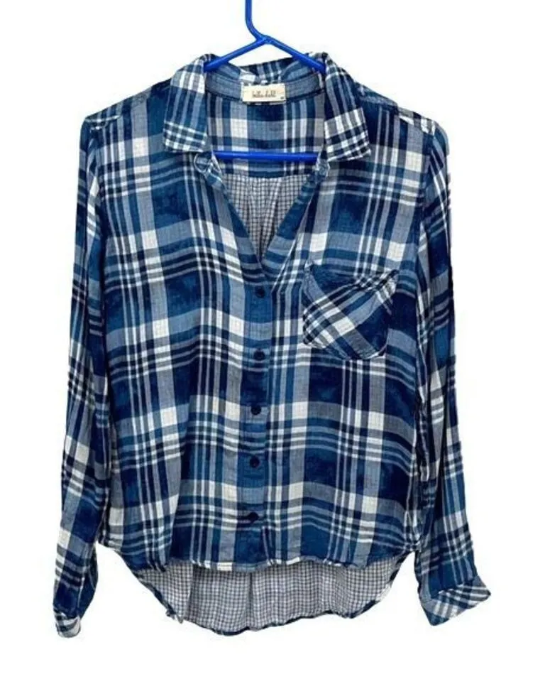 Bella Dahl Rayon Tencel Plaid Button Down One Pocket Top Blue Size Medium - Image 1