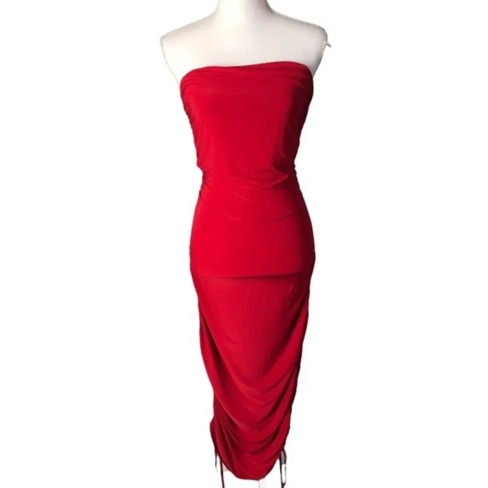Club L London Red Strapless Side Ruched Midi Tube Dress Size 10 - Image 2