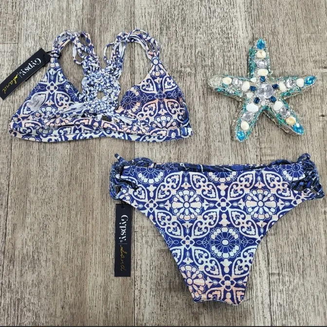 NEW! GYPSY 05 SAND Bikini Size S Small Racerback Top Cheeky Bottoms Blue Tile - Image 3