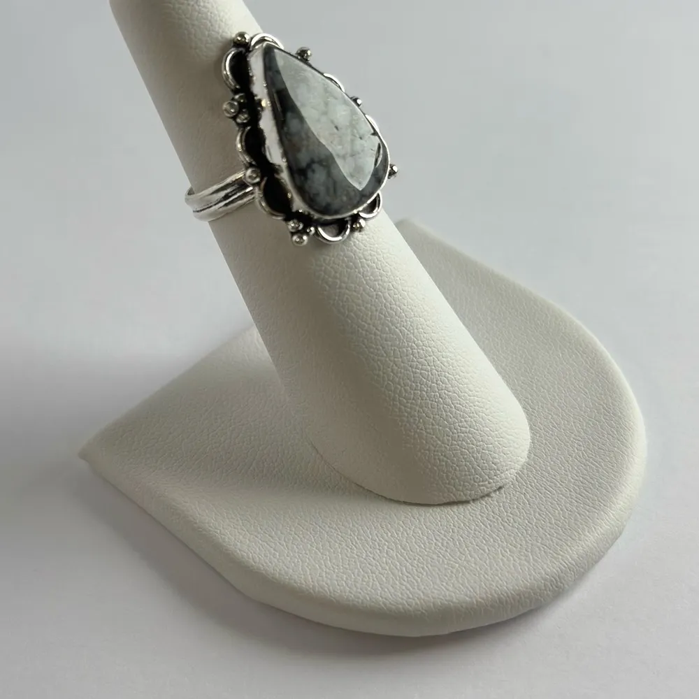 SNOWFLAKE Obsidian Genuine Stone 925 Sterling Silver Ring Black - Image 2