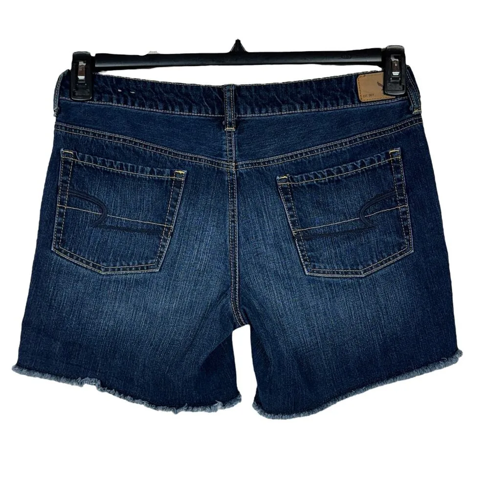American Eagle SZ 8 Jean Shorts Mid-Rise Zip-Fly Pockets Frayed Hems Whiskered - Image 3