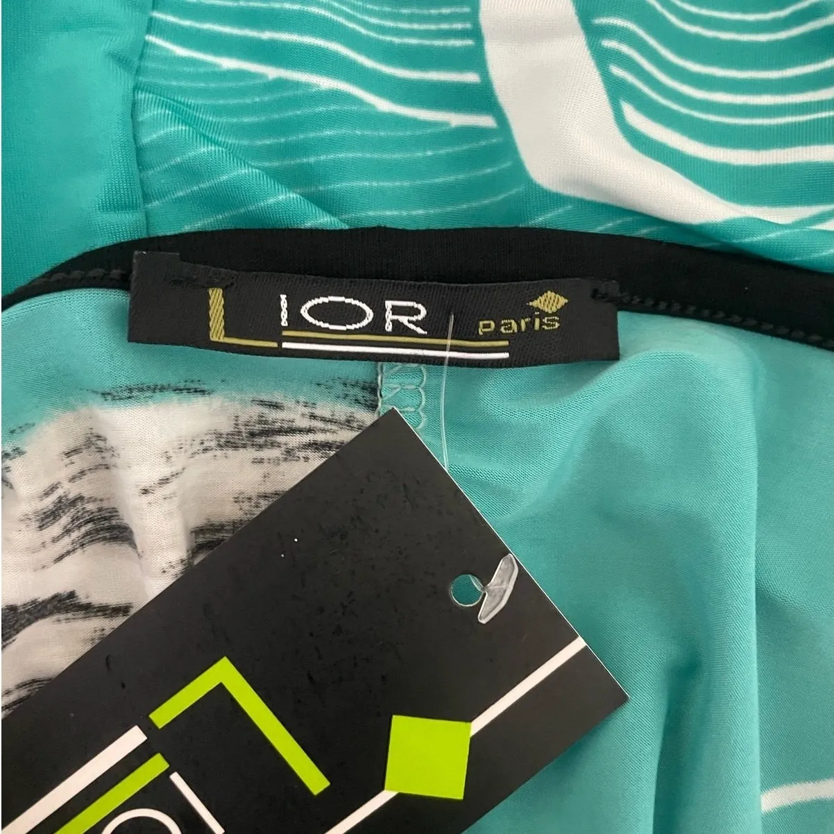 Lior‎ Paris Women Tunic Top S Teal Black Abstract Jersey Lagenlook Artsy Modern Blue - Image 9