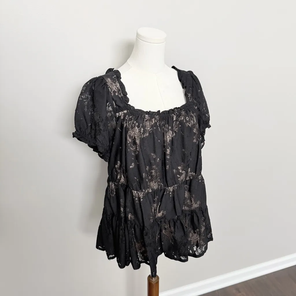 Torrid Top Babydoll Lace Tiered Ruffle Puffed Short Sleeve Boho Black Nude Tan - Image 4