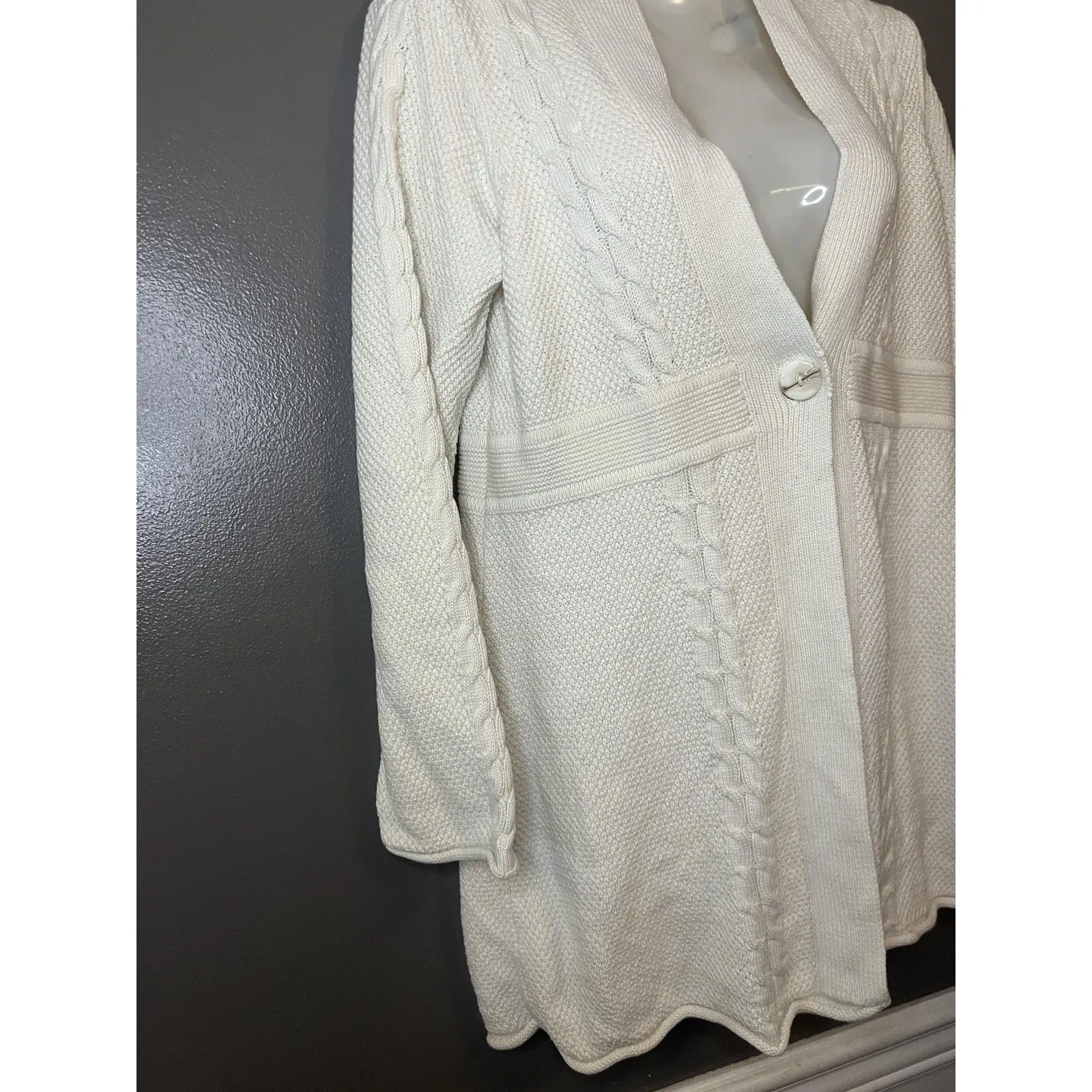 Lizwear Cardigan Sweater Womens Medium White Cable Knit Open Front Shawl Collar - Image 3