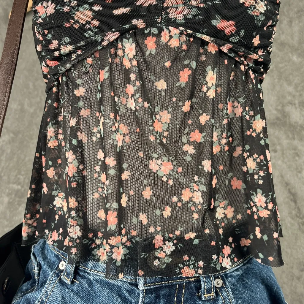 RSQ Babydoll Top Women’s XS Black Floral Sheer Spaghetti Strap Y2K Fairy Grunge - Image 8
