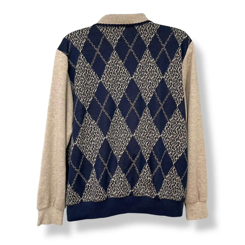 Vintage Argyle Sweater Vest Faux Set‎ Leopard Print Tan Navy Women Size Medium - Image 2