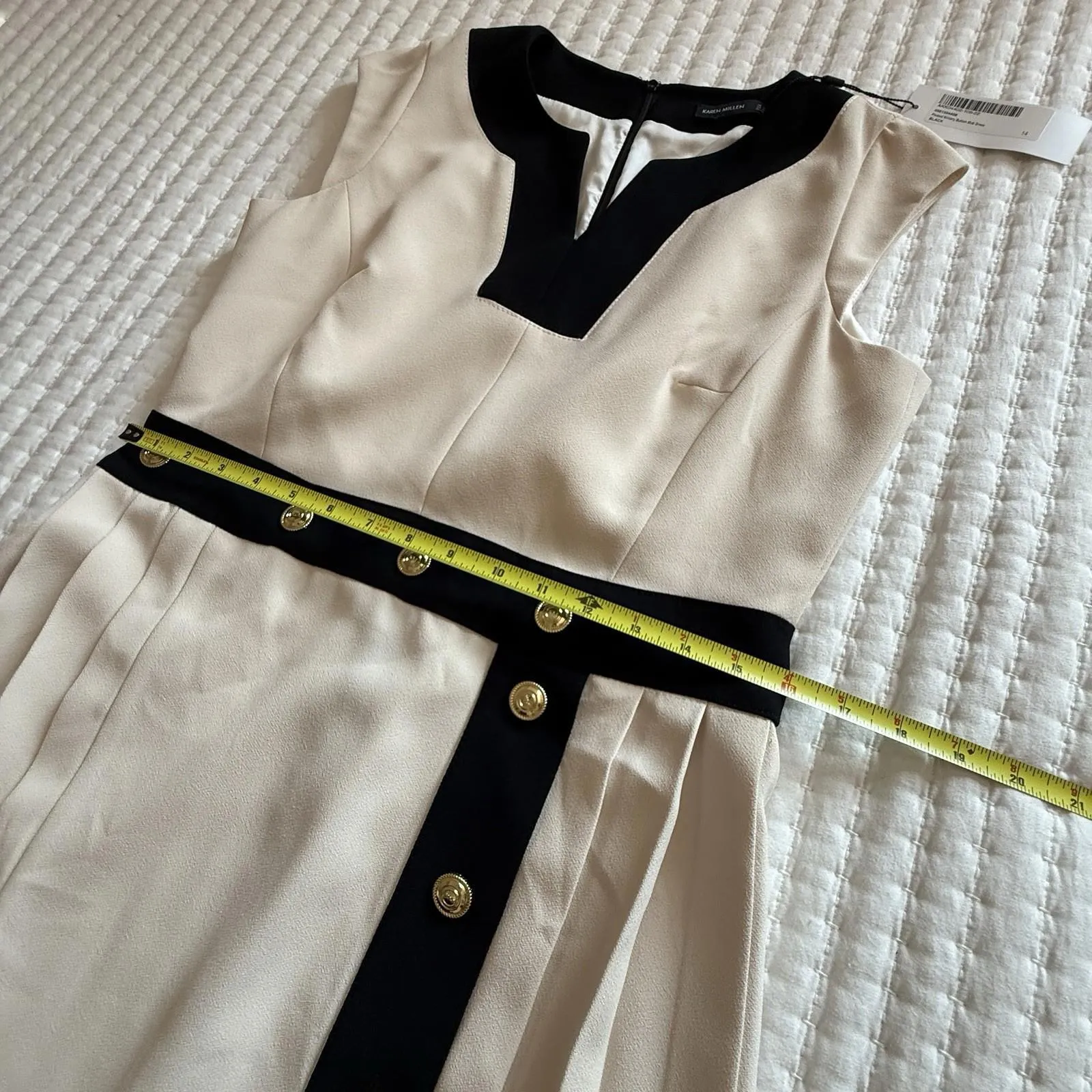 Donna Karan Pleated Military Button Midi Dress Off White/Gold/Black Sz 14 NWT - Image 6