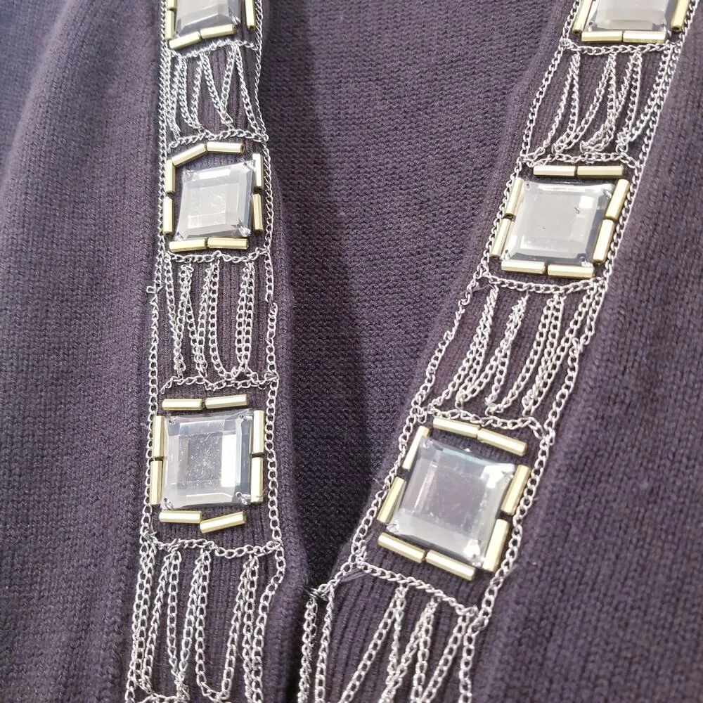 Dolce Cabo Knit Wool Cashmere Blend Chains Jeweled Cardigan Brown Size L - Image 7