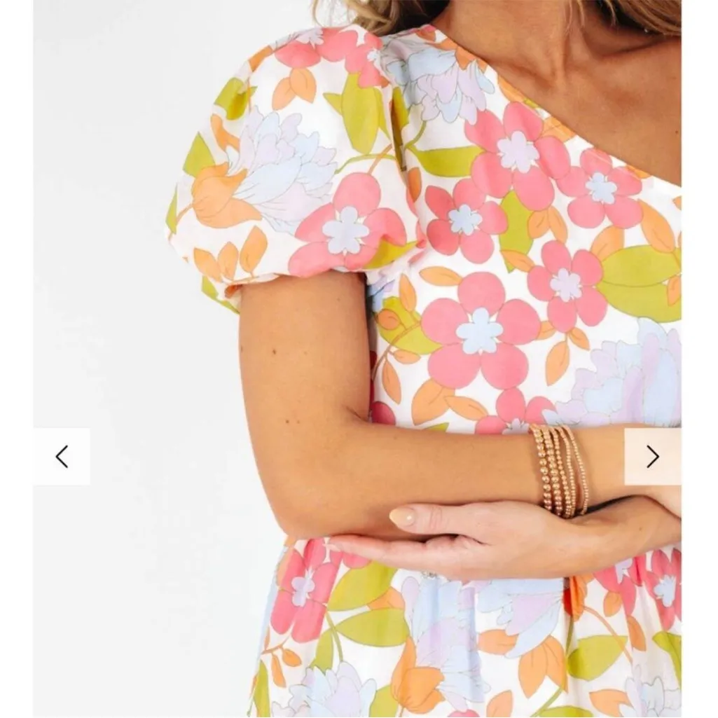 J.Marie Ava Mae Floral Puff Sleeve One Shoulder Midi Maxi Spring Dress size L Pink Size L - Image 2