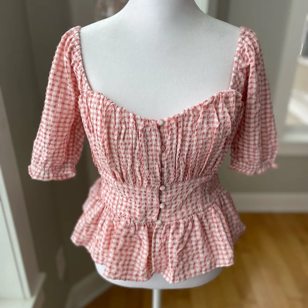 Guess Rose Meri Pink White Gingham Checked Square Neck Puff Sleeve Peplum Top M - Image 13