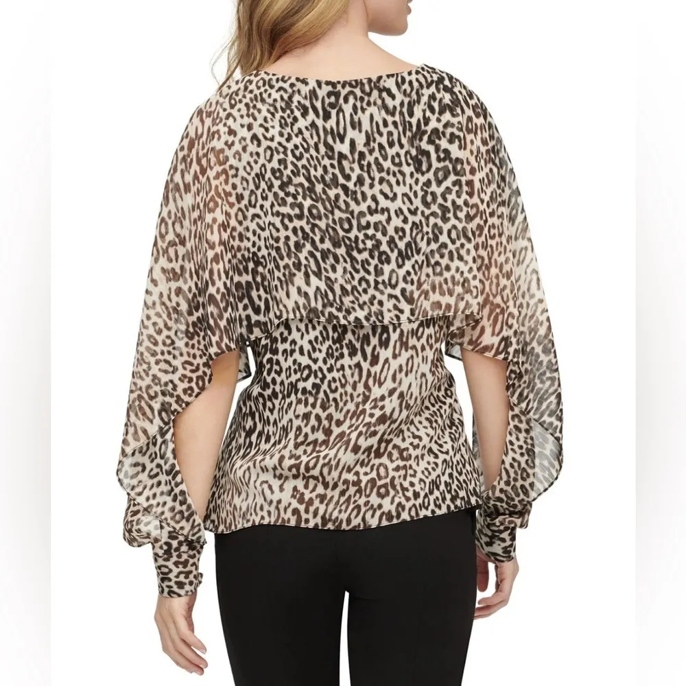 DKNY leopard print caped smocked cuff sheer office siren top NWT S mobwife - Image 2