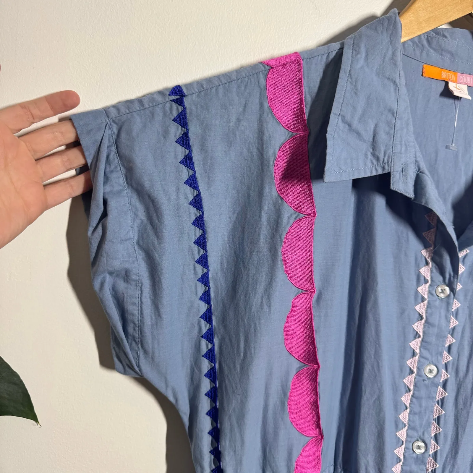 Briton Court Dress Women Blue Embroidery Preppy Cottage Modest Teacher Artsy Size L - Image 8