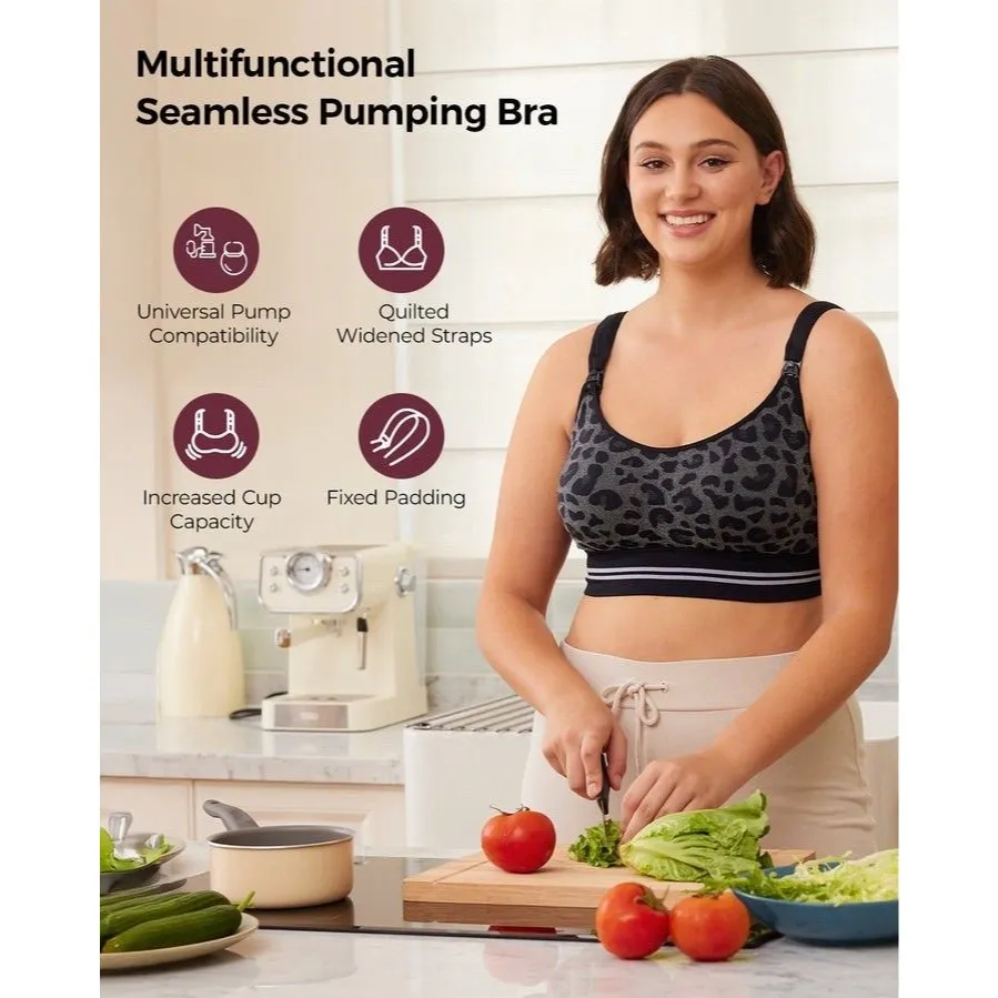 Momcozy Womens Wireless Hands Free Pumping Nursing Bra Size 2XL Gray Leopard - Image 9