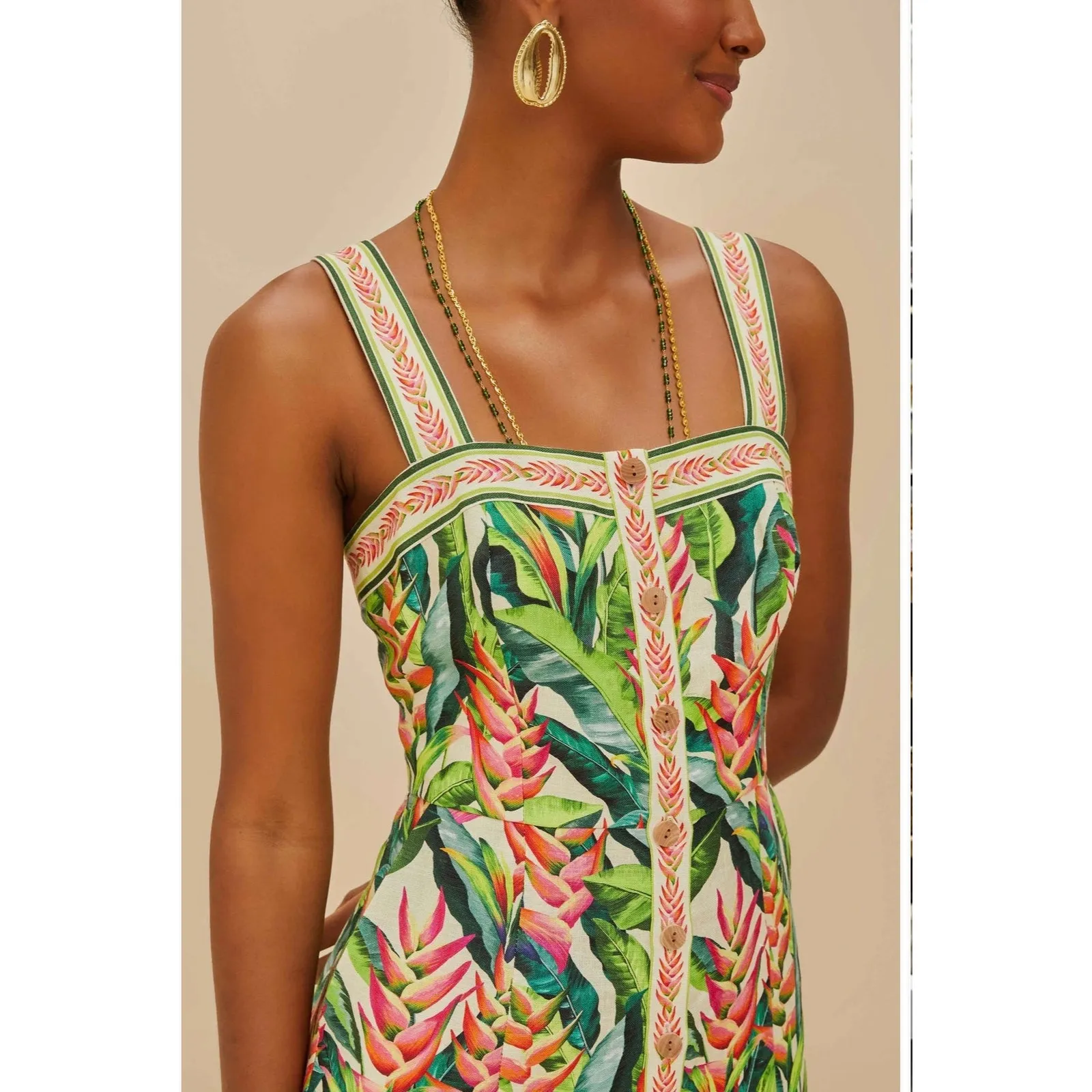 FARM Rio Heli Leaves Linen Midi Dress - Size XS - New - Image 2