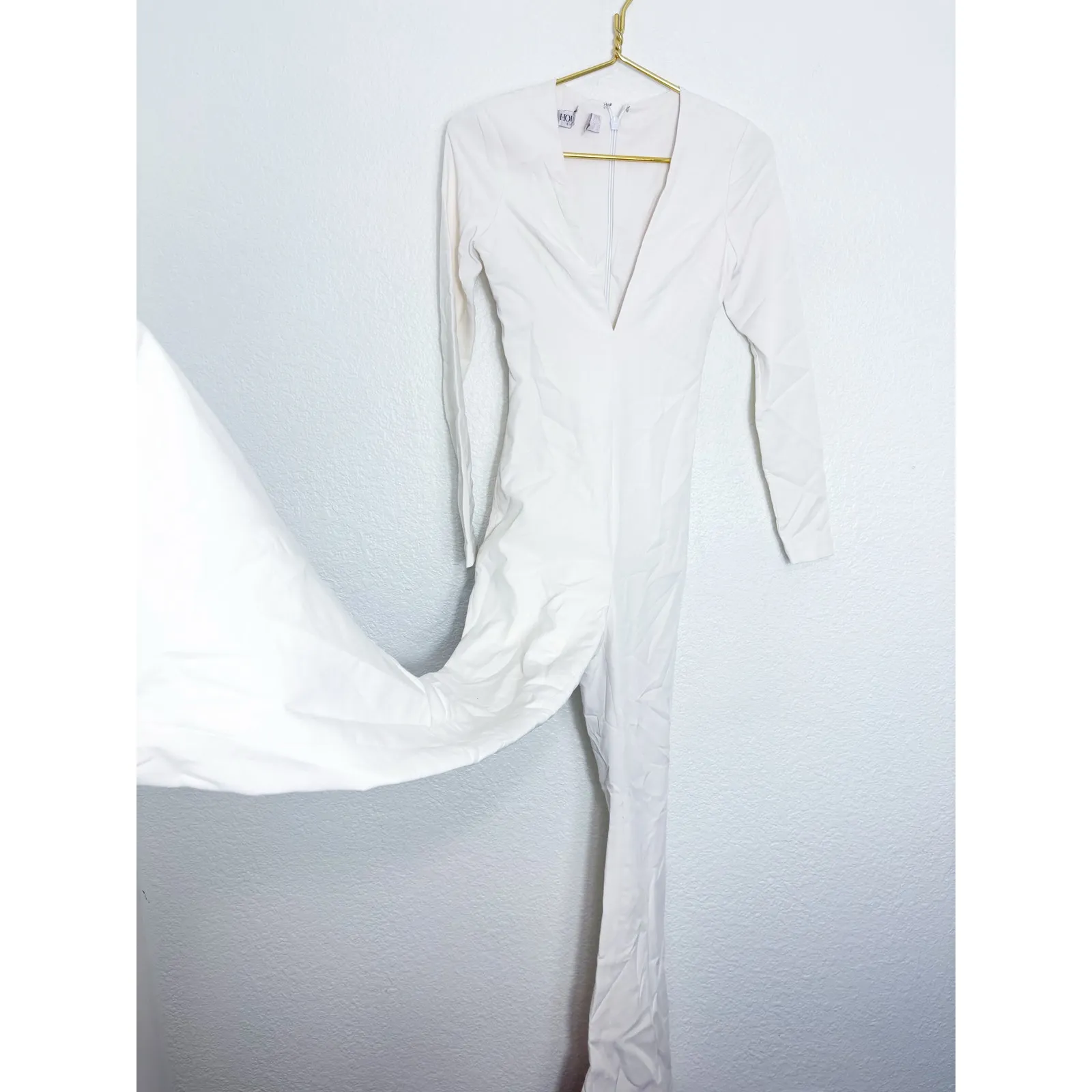 House Of CB Catalin White Flared Jumpsuit Size XS Long Sleeve Bridal 70s Stretch - Image 10