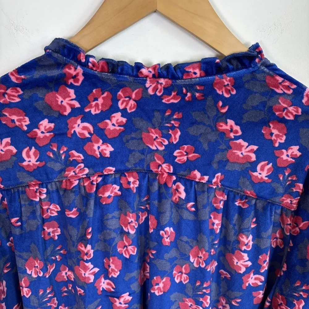 Vintage National Robe Size L Royal Blue Flroal Snap Front Velvet House Coat Rare - Image 8