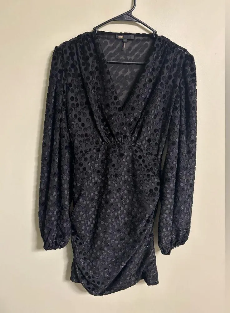 Maje Polka Dot Dress in Black Size Small EU 36 Long Balloon Sleeve Mini V Neck - Image 3