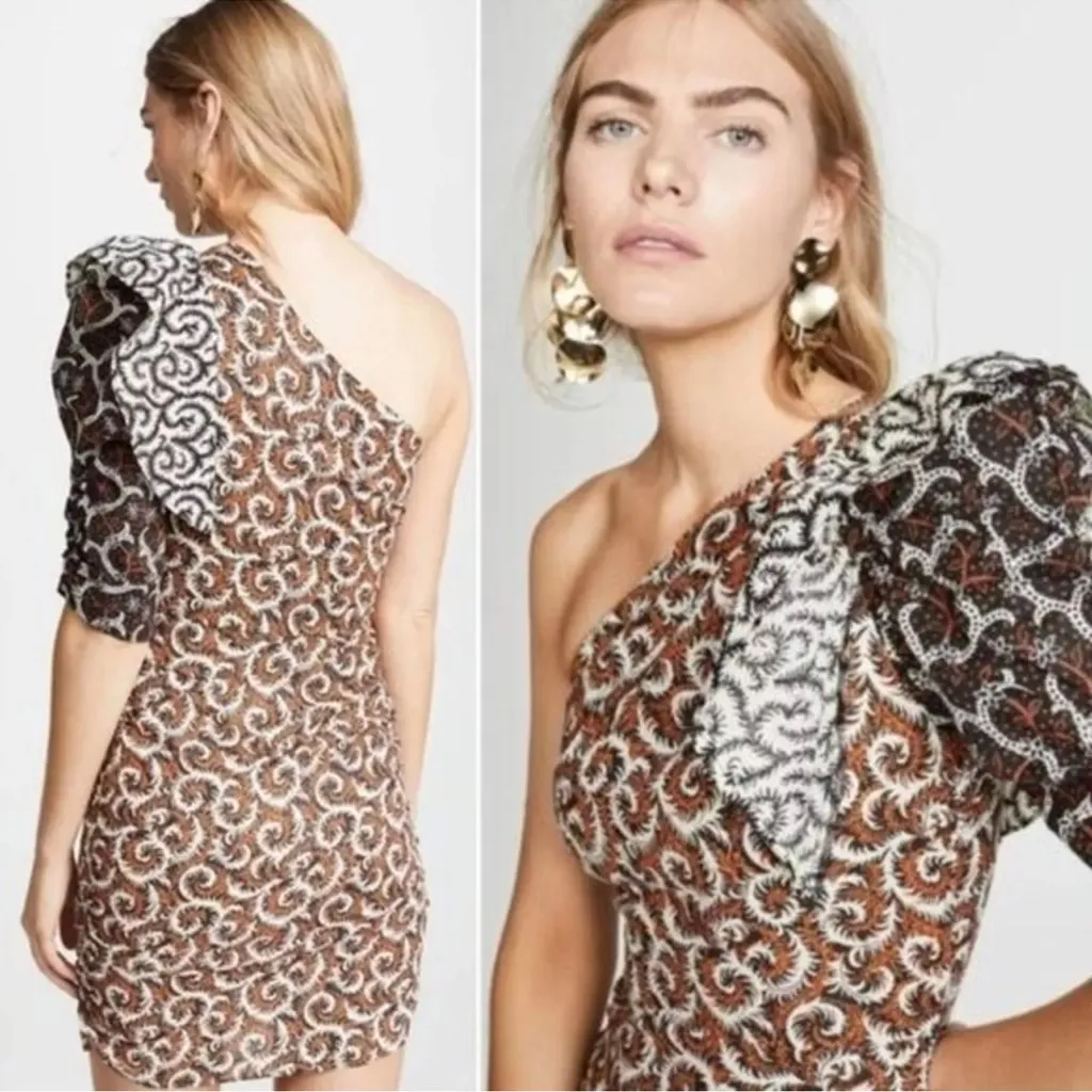Isabel Marant Etoile Lilia One‎ Shoulder Ruffle Puff Sleeve Ruched Mini Dress 38 - Image 4