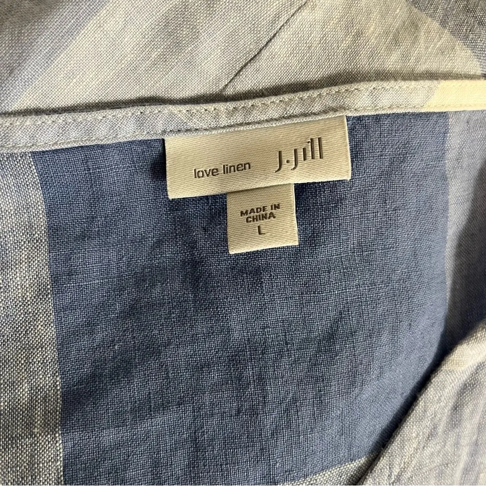 J JILL Love Linen Dress Blue White Check Gingham Self Tie Sleeveless Size Large - Image 7