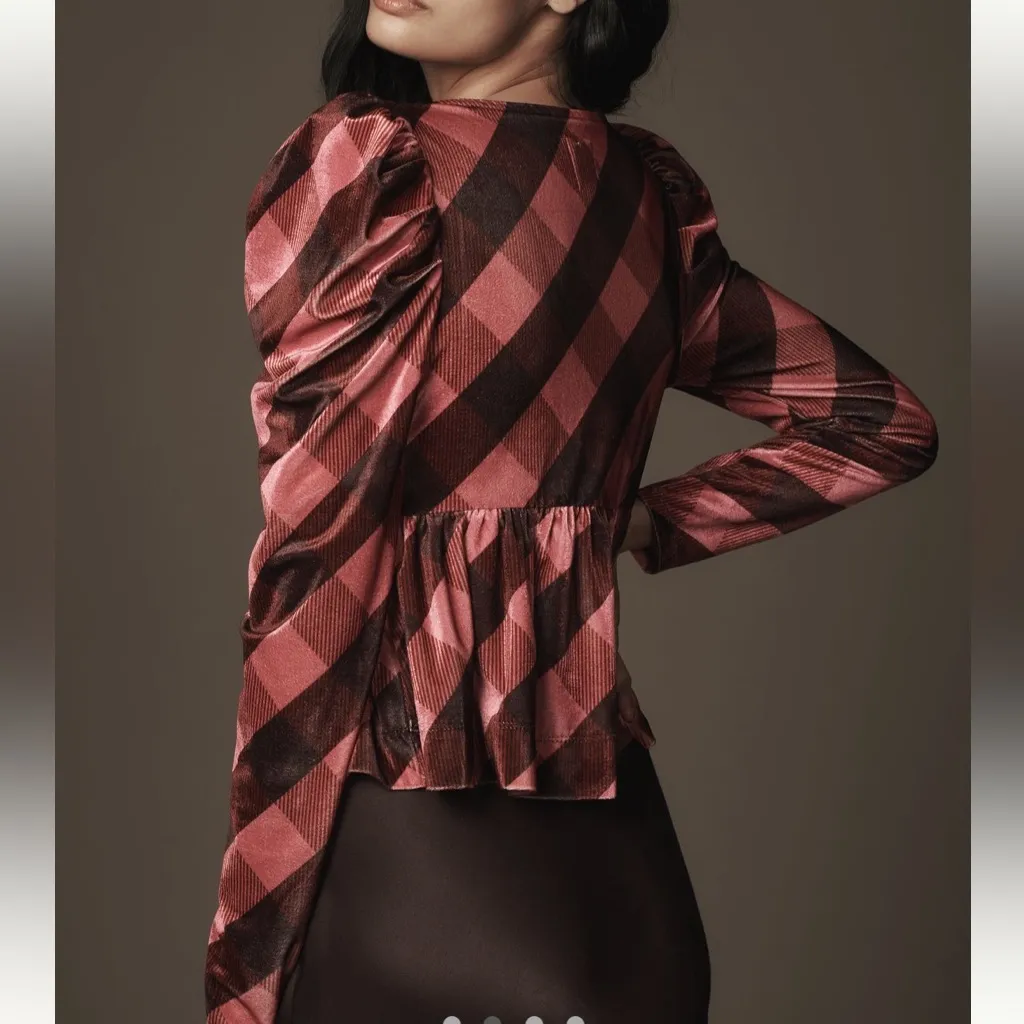 NWT Maeve Anthropologie velvet Pink and Brown Checkered peplum Top small new - Image 4