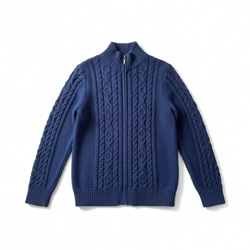 LLBean Navy Blue Cable Knit Full Zip Mock Neck Sweater Medium - Image 2