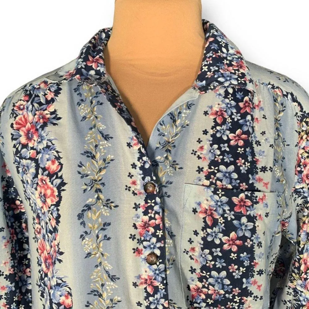 Vintage Tapestry Shirt Blue Floral Detail Long Sleeve Button Front Roll Tab Size M - Image 4