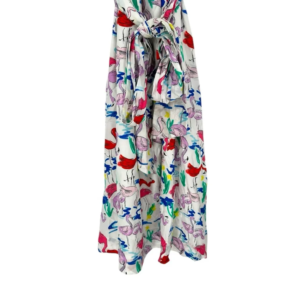 Tanya Taylor Teigan Print Midi Silk Dress size 4 Short Flutter Sleeves Flamingos - Image 6