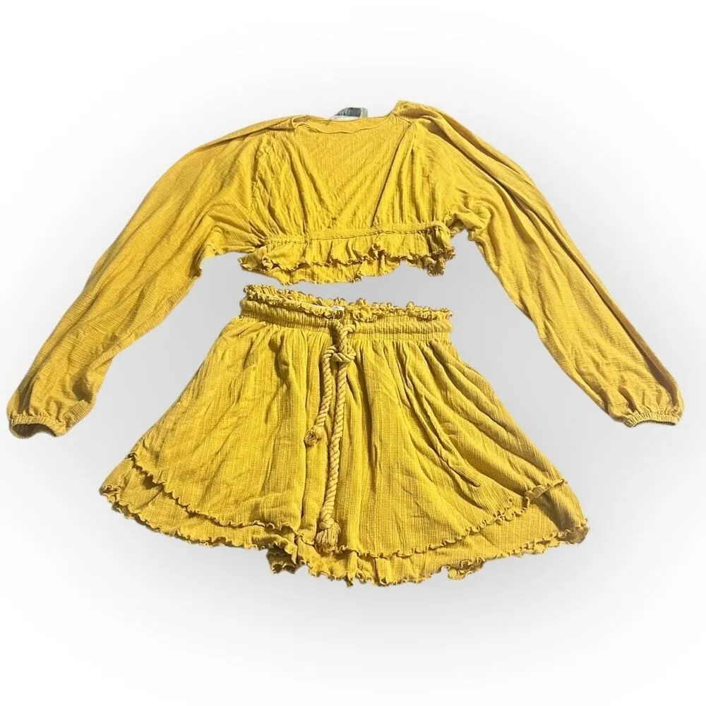Free People Beach Sweet Lady Set Women's XS Mustard Yellow Long Sleeve Ruffle - Image 2