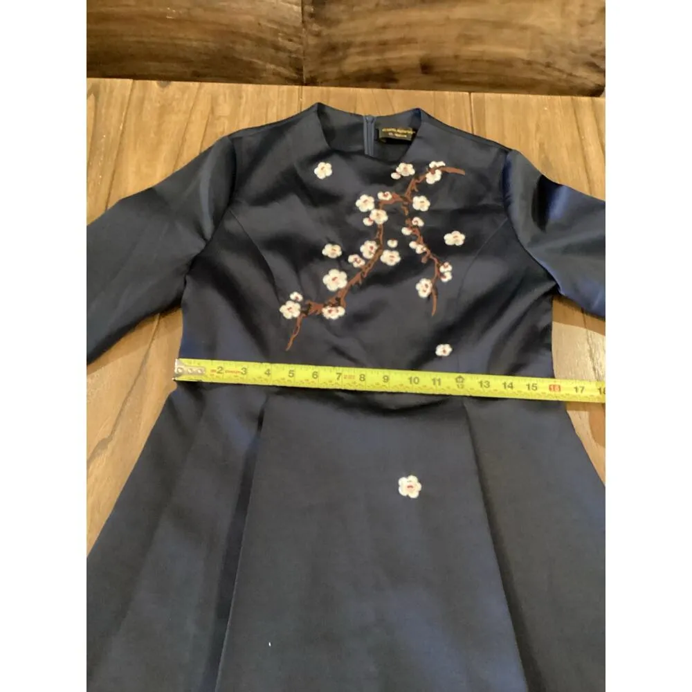 Gyalwana Embroidered Floral cherry blossom satin flare swing Dress 13 M/ L Blue Size L - Image 5