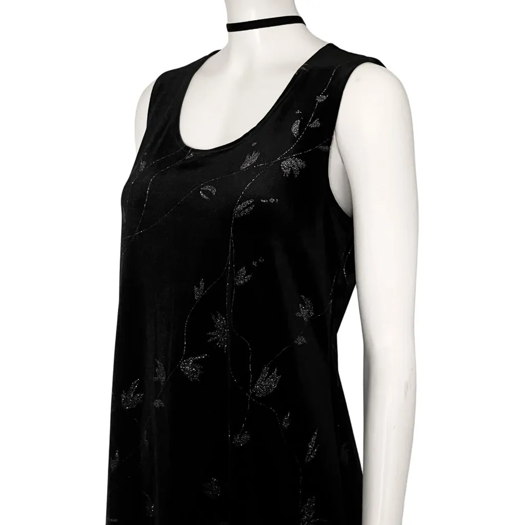 Vintage 90s Y2K Black Velvet Sleeveless Party Dress Whimsigoth Glitter Medium 10 - Image 9