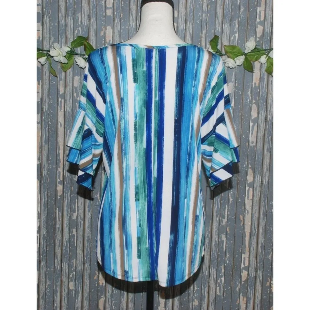 Cato Est. 1946 Ladies Blue Blouse Top Size S Beaded Faux Necklace Bell SS V-Neck - Image 7