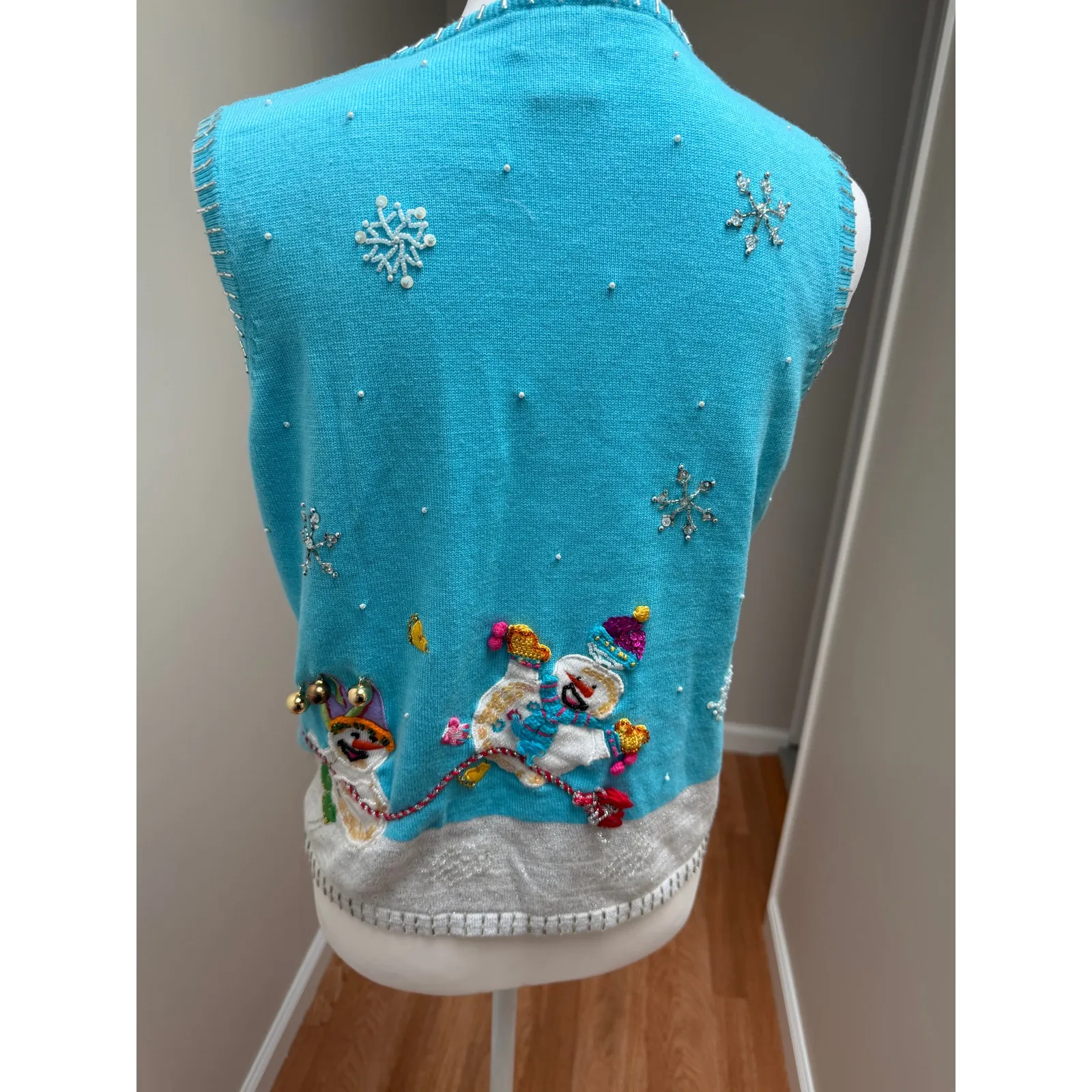 Vintage Berek Ugly Christmas Sweater Vest Small Snowman Embroidered Jingle Bells Blue - Image 3