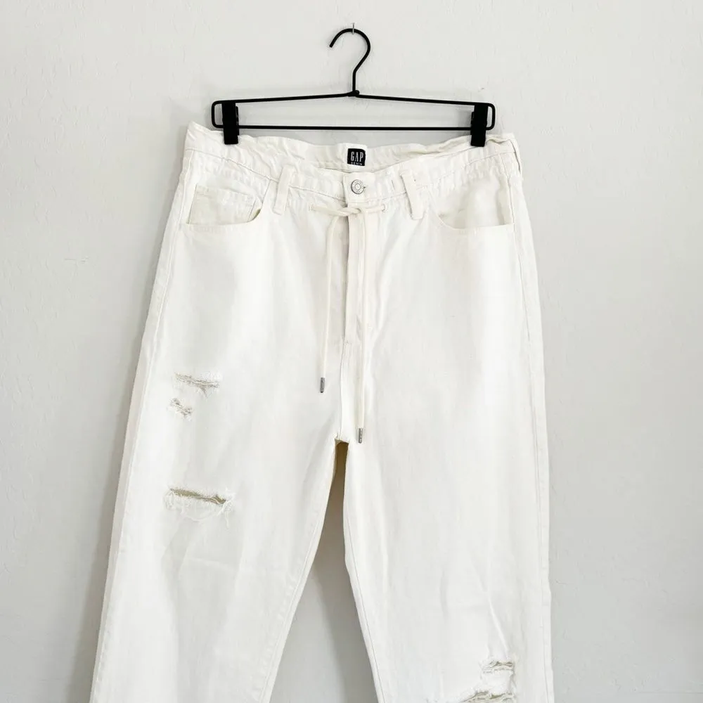 New GAP Off White Boyfriend High Rise Drawcord Distressed Jeans Size 10/30 - Image 7