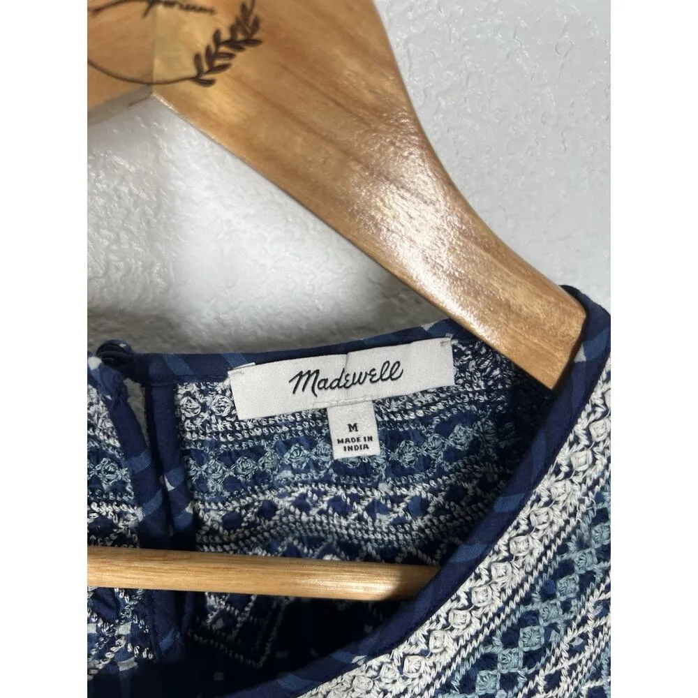 Madewell Embroidered Puff Sleeve Babydoll Mini Dress Medium Blue Cotton - Image 2