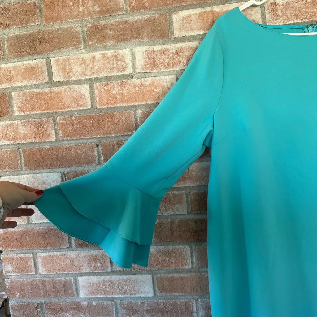 Ricki Freeman Teri Jon Bell Sleeve Shift Dress Cocktail Womens 16 Turquoise Blue - Image 4