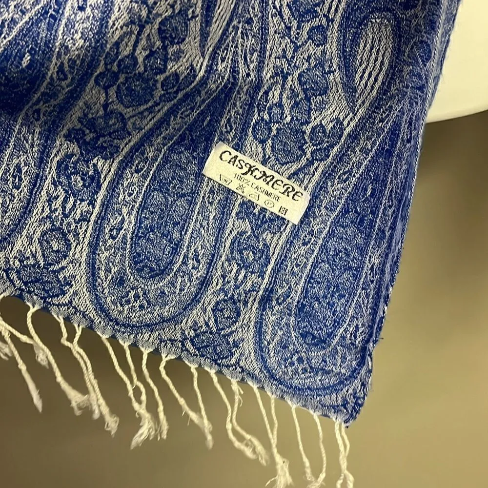 Off-White Cashmere Jacquard Scarf and/or Wrap with Blue Paisley Ends and Tassels - Image 7