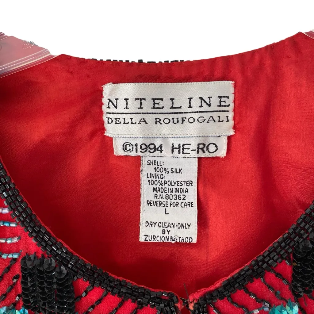 Vintage NiteLine Della Roufogali Sequin Beaded Red Black Plaid Jacket Blazer Size L - Image 2