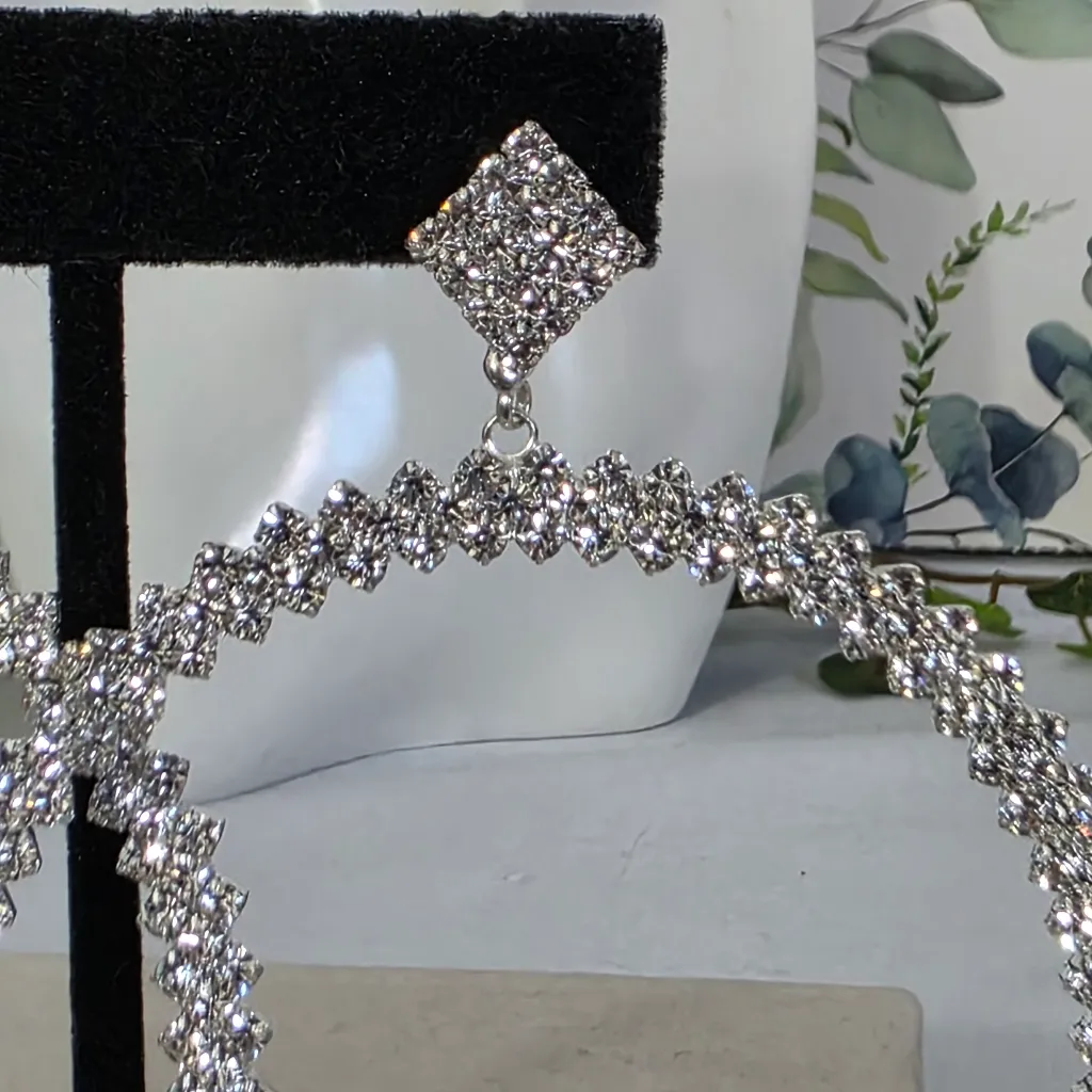 Large Silver and Rhinestone Hoop Earrings - Image 4