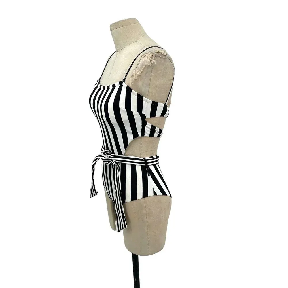 Onia Rumi Black &‎ White Striped Cutout One Piece Swimsuit Belted Size - Image 5