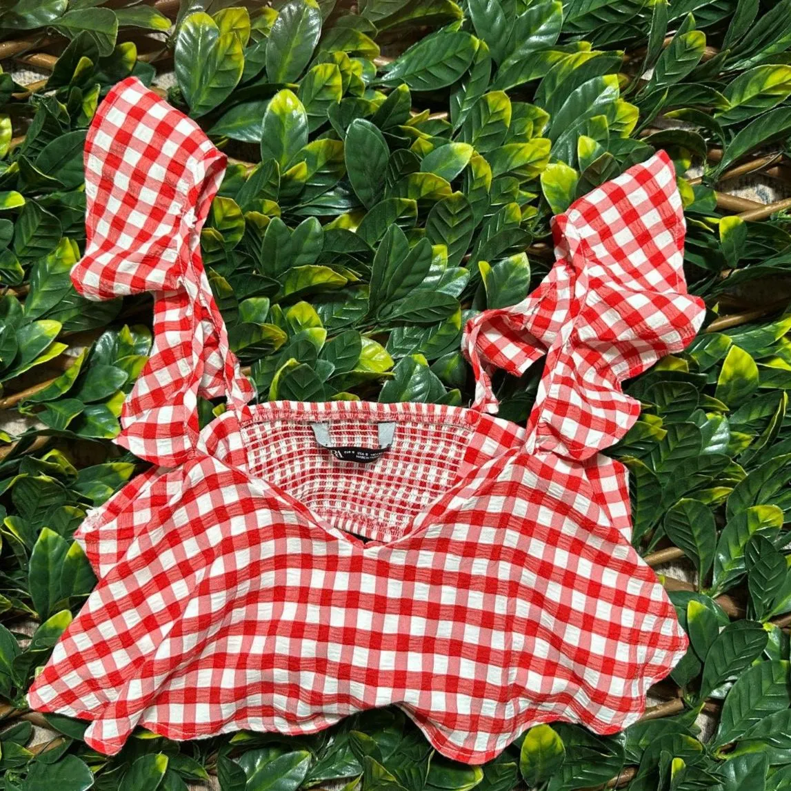 Zara Red and White Gingham Cottagecore Top Size Small - Image 3