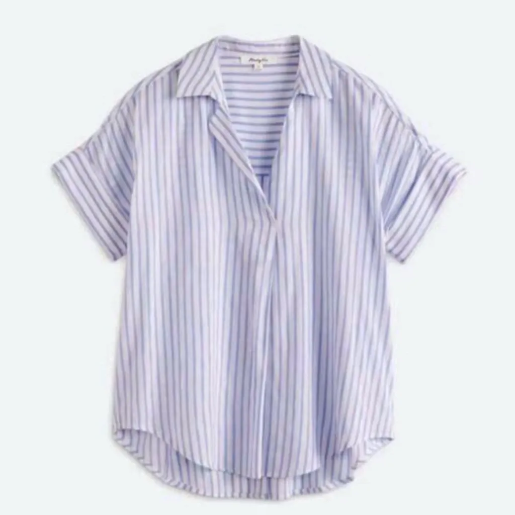 MONDAY FUN Stitch Fix Button Back Blouse Coastal Stripe White Blue Sz M Top New Size M - Image 4