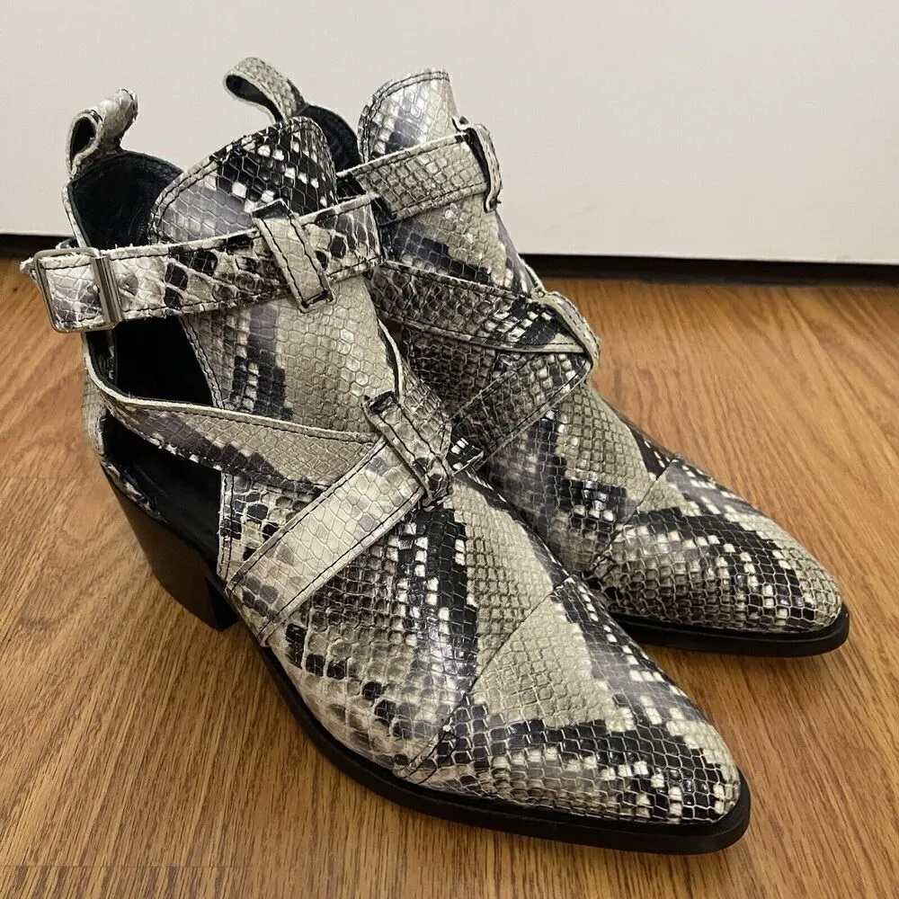 ALLSAINTS Ivory Leather Darcy Pointed Toe Cutout Snakeskin Ankle Booties 38 US 8 - Image 2