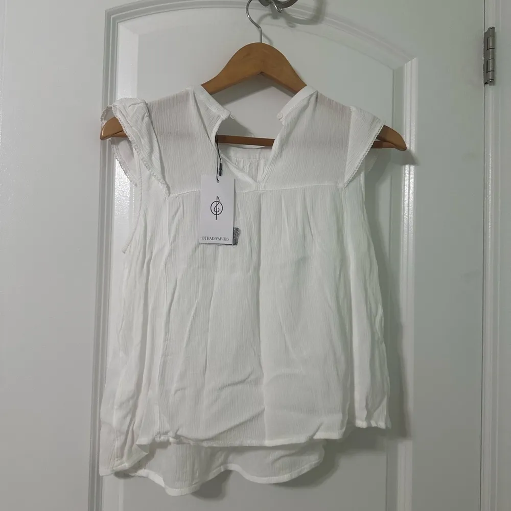 Stradivarius White Flutter Sleeve Blouse with Bib Collar - Image 2