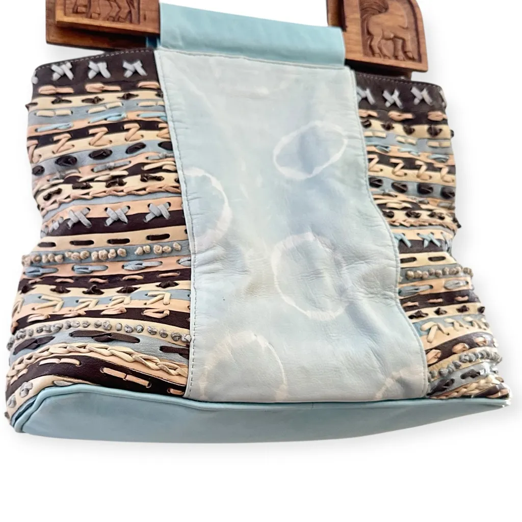 Konjo Ababa Handmade Carved Wooden Handle Woven Leather Bag Made in Ethiopia Blue - Image 3